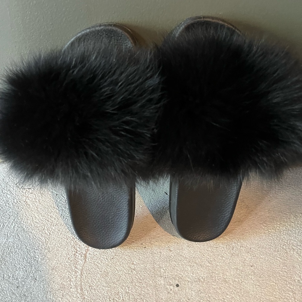 Genuine Black Fox Fur Slides
